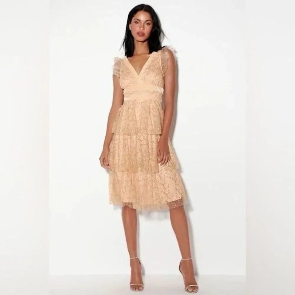 Lulus Stunning Love Nude and Gold Glitter Tiered Midi Dress Size Small
